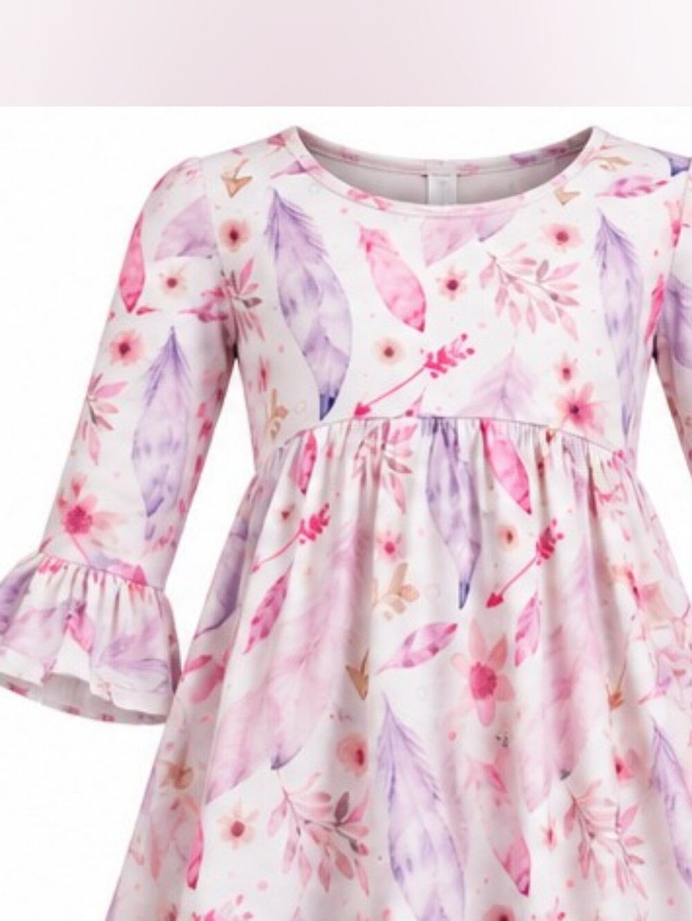 Floral and Feather 3/4 Sleeve Dress